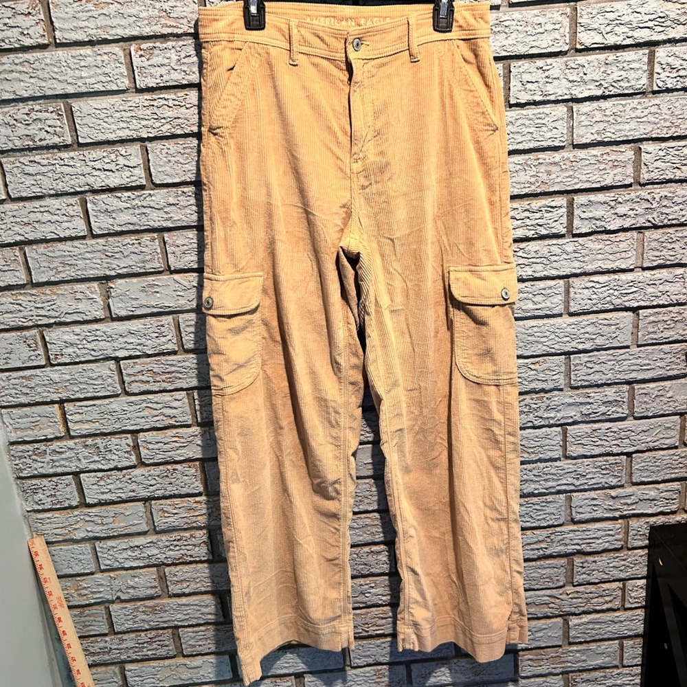 American Eagle Tan Corduroy Cargo Pants Wide Leg Stretch Khaki High Rise Womens